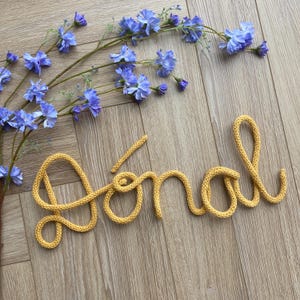 Pode incluir: A palavra "Donal" feita de tricô amarelo em um fundo de madeira com flores azuis.