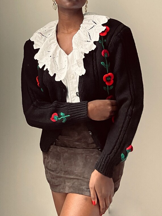 Vintage 80s Hand Embroidered Black Wool Knit Cardi