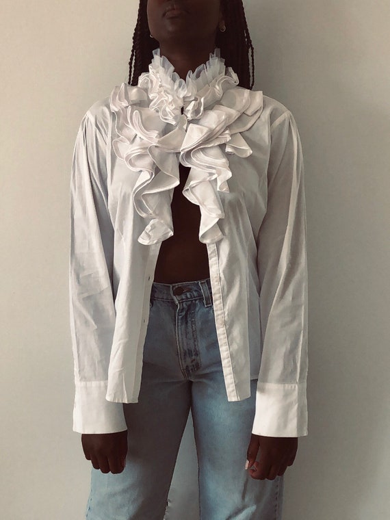 90s Cotton Optic White Statement Collar With Ruffl