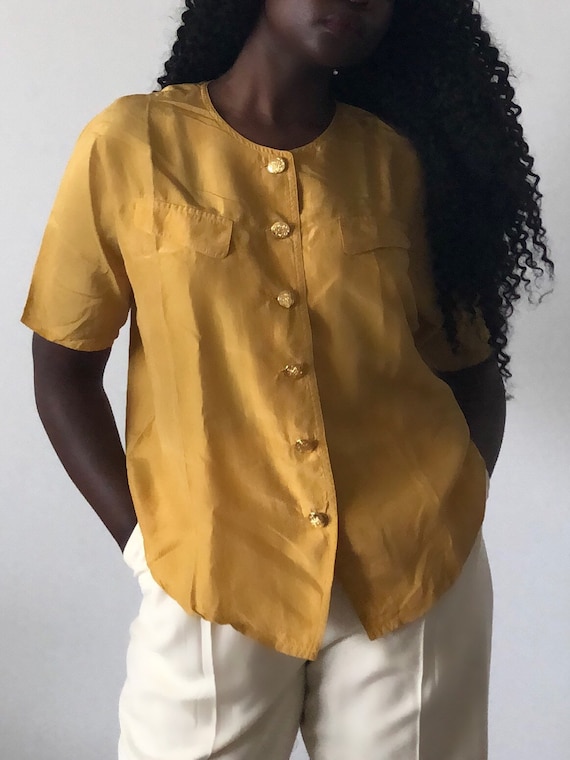 Vintage Pure Silk Mustard Yellow Short Sleeve Blou