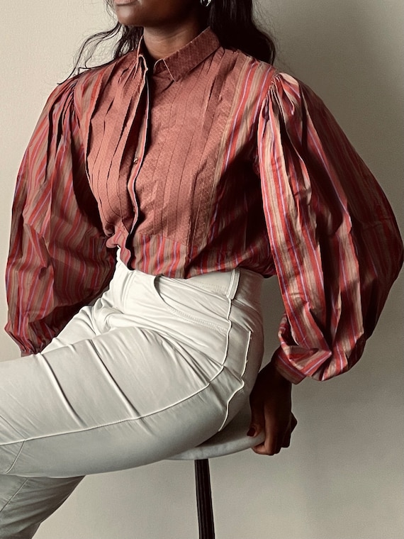 Vintage Pure Cotton Large Puff Sleeve Striped Blou