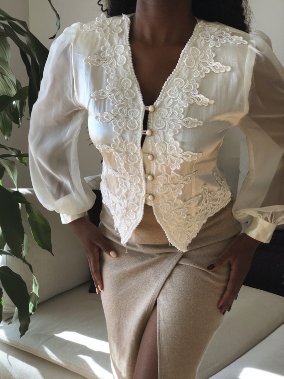 Vintage 80's White Embroidered Puff Sleeve Blouse