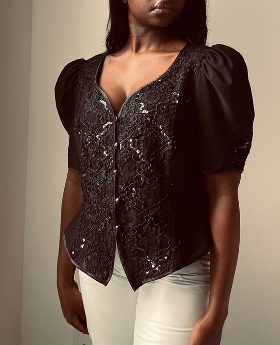 Vintage Exaggerated Puff Sleeve Black Embellished