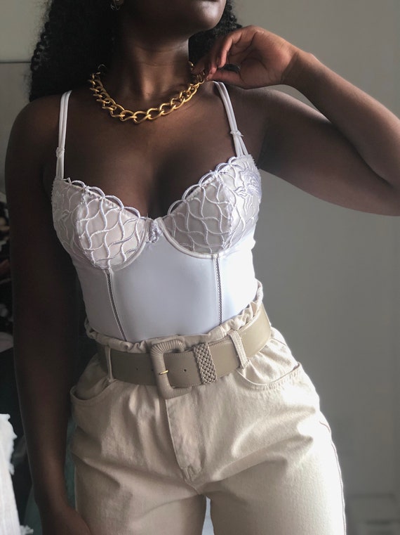 Vintage White Satin and Tulle Lace Bodysuit | Vint