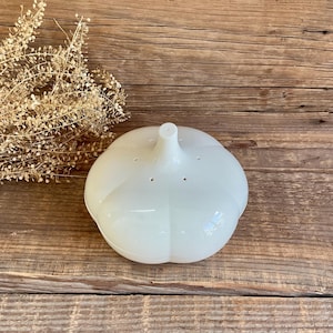 Pode incluir: Um item de cozinha branco em forma de bulbo, com uma pequena alça cilíndrica na parte superior e três pequenos orifícios. O item é feito de um material brilhante e fica em uma superfície de madeira. É provavelmente uma ferramenta de cozinha.