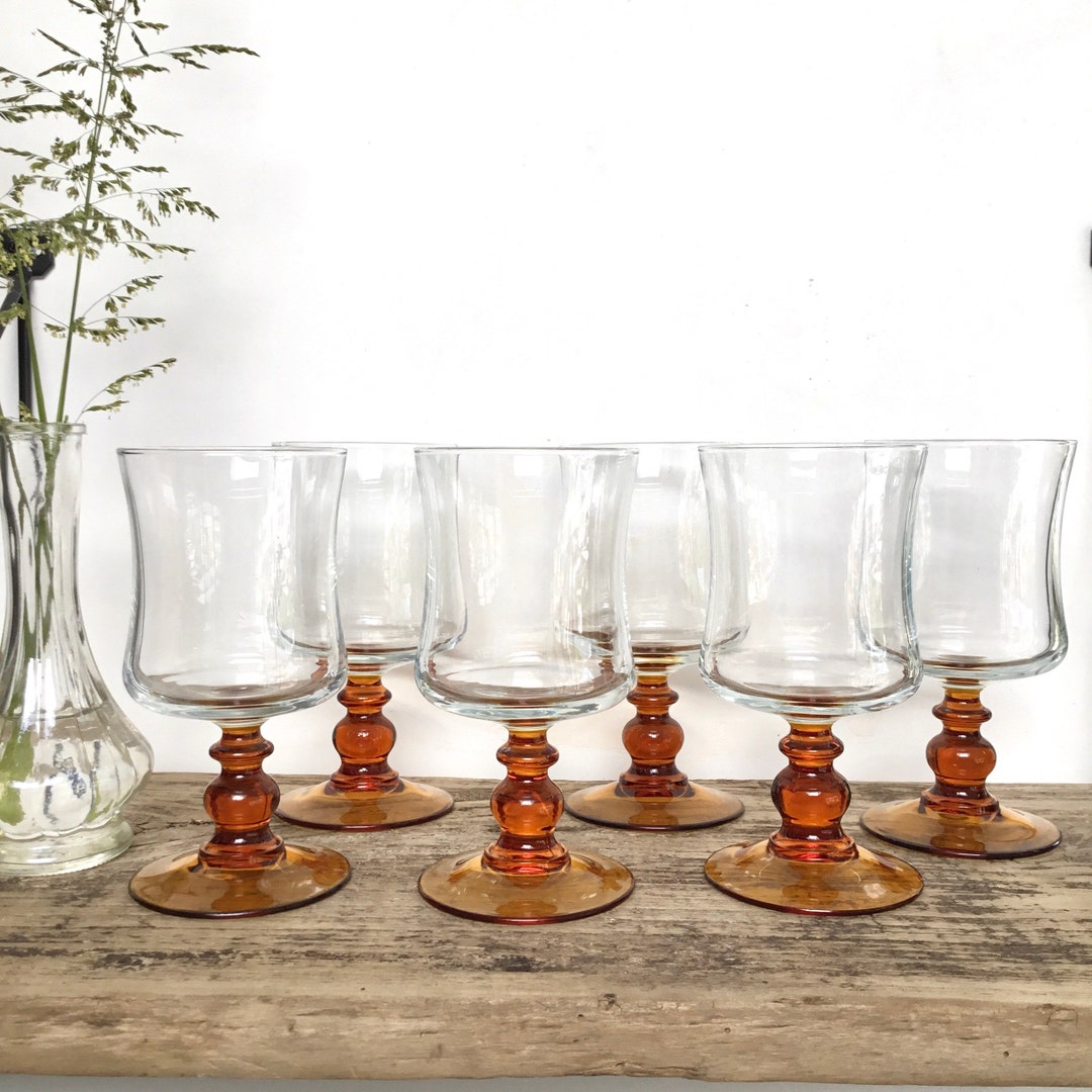6 Vintage Amber Stem Wine Glasses Etsy
