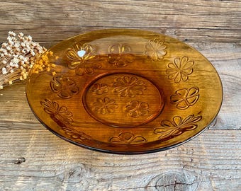 Plato hondo de cristal ámbar vintage de VERECO FRANCE
