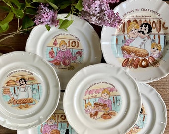 6 platos y 1 plato del charcutier en porcelana vintage Chauvigny France