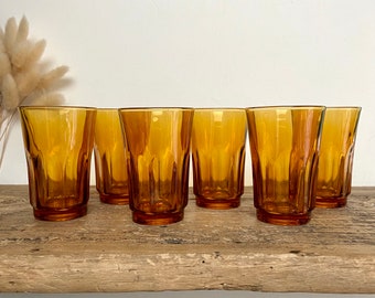 6 vintage amber glasses