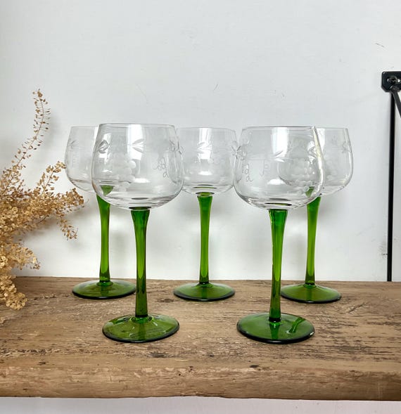 5 mundgeblasene Elsässer Gläser, Vintage Traubendekor