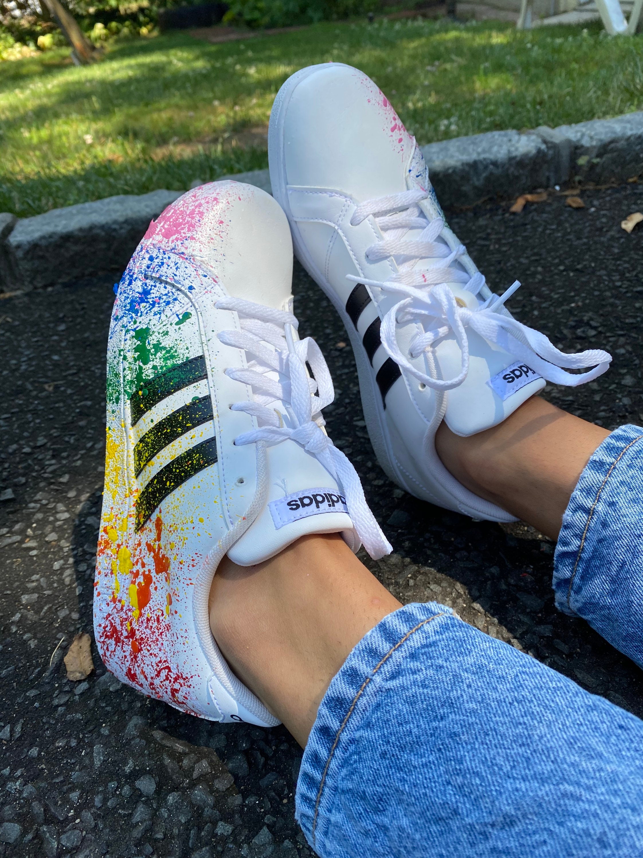 Rainbow splatter paint adidas sneakers/ shoes/ custom adidas/ Etsy