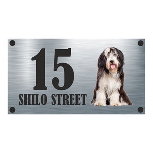 Dog Collection - Bearded Collie Aluminium House Sign Personalised With Your House Number & Street Name