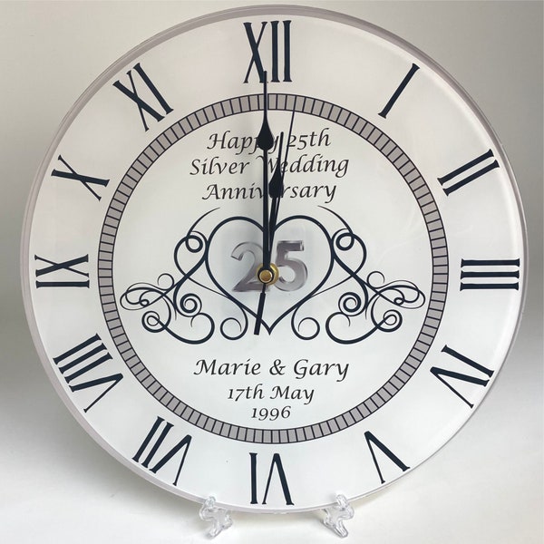 Unique Personalised 25th Silver Wedding Anniversary Clock - Bespoke Anniversary Gift (30cm Silent Clock with Roman Numerals)