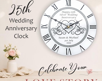 Unique Personalised 25th Silver Wedding Anniversary Clock - Bespoke Anniversary Gift (30cm Silent Clock with Roman Numerals)