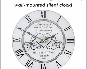 Unique Personalised 25th Silver Wedding Anniversary Clock - Bespoke Anniversary Gift (30cm Silent Clock with Roman Numerals)