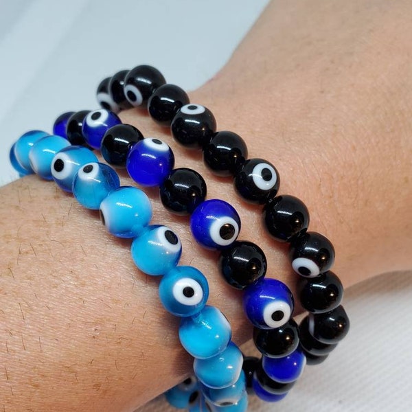 Evil Eye Bracelet, Beaded Stretch Bracelet, Custom Evil Eye Bracelet, Evil Eye Jewelry, Stackable Bracelets, White Jade, Black Agate Gemston