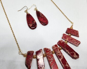 Red Impression Jasper Jewelry Set, Necklace and Earrings, imperial jasper, Impression Jasper, Jasper Jewelry, Sea sediment jasper