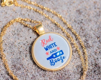 American Flag Necklace, 4th of July jewelry, American flag jewelry, Red White and Booze Pendant Necklace