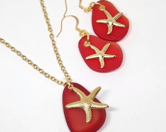 Sea Glass Jewelry, Starfish Jewelry set, Sea Glass Necklace, pendant necklace, starfish necklace, beach jewelry, Red Jewelry