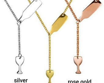 Wine Bottle & Glass Lariat Necklace: Stainless Steel Wine Jewelry