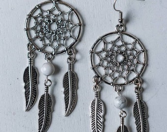 Boho White Turquoise Earrings, Silver Dreamcatcher Earrings, Bohemian Turquoise Jewelry, Howlite earrings, Howlite earrings