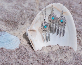 Boho Turquoise Dreamcatcher Jewelry Set, Silver Dreamcatcher, Bohemian Turquoise Jewelry, Dreamcatcher necklace, Dreamcatcher jewelry