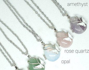 Butterfly Gemstone Pendant Necklace, Opal Pendant Necklace, Rose Quartz Pendant, Amethyst Pendant, Butterfly Necklace, Butterfly Jewelry