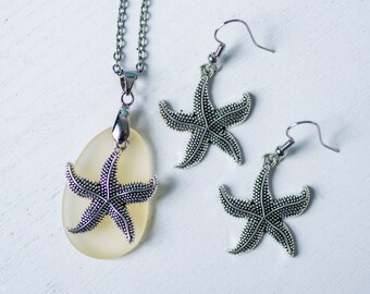 Sea Glass Jewelry, Starfish Jewelry set, Sea Glass Necklace, pendant necklace, Recycled jewelry, starfish necklace, beach jewelry