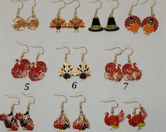Thanksgiving Turkey Dangle Earrings: Painted Brass Fall Jewelry