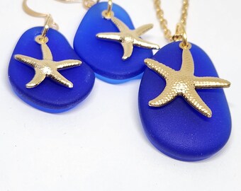 Sea Glass Jewelry, Starfish Jewelry set, Sea Glass Necklace, pendant necklace, starfish necklace, beach jewelry, Blue Jewelry