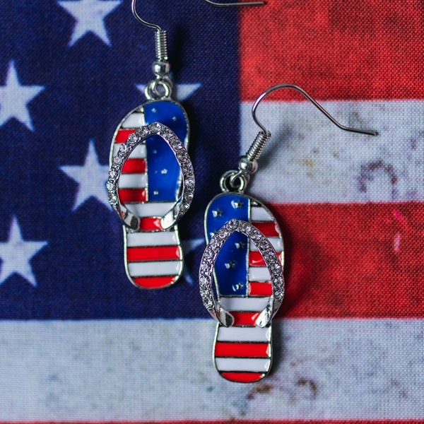 American Flag Jewelry, 4th of July, Memorial Day, Flip Flop Earrings, 4th of July jewelry, American Flag earrings, Patriotic Earrings