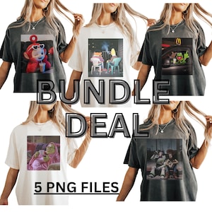 Op de afbeelding: Bundel van vijf t-shirts met unieke grafische ontwerpen. De shirts zijn in verschillende kleuren, waaronder grijs en crème. Elk shirt heeft een andere afbeelding, zoals een Teletubby, Kermit de Kikker en andere popcultuurreferenties. De tekst "BUNDLE DEAL" en "5 PNG FILES" is ook zichtbaar.