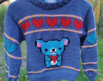 Hand knitted by me  happy Teddy bear jumper, 100% wool yarn, size Xs/S, free worldwide shipping, Mrs.Sea