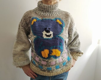 Mrs.Sea, teddy bear knitted by me  jumper, 100% wool double knitting, size M/L, free worldwide shipping