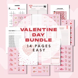 Puede incluir: Un paquete de San Valentín con 14 páginas, con una variedad de actividades. Incluye un juego de tres en raya, una lista de películas, un laberinto, una búsqueda de palabras y una agenda. El paquete tiene un esquema de color rosa y blanco con gráficos temáticos de amor.