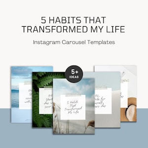 Puede incluir: Plantillas de carrusel de Instagram con el texto "5 Habits That Transformed My Life". Las plantillas muestran imágenes de una playa, helechos y un paisaje desértico, con notas manuscritas.
