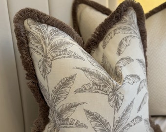 Luxury Natural Safari Palm Tree Print High Quality Modern Handmade Cushion Cover With Taupe Fringe