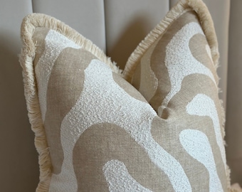 Handmade Boucle Cushion Cover: Natural Herringbone Pattern with Fringe
