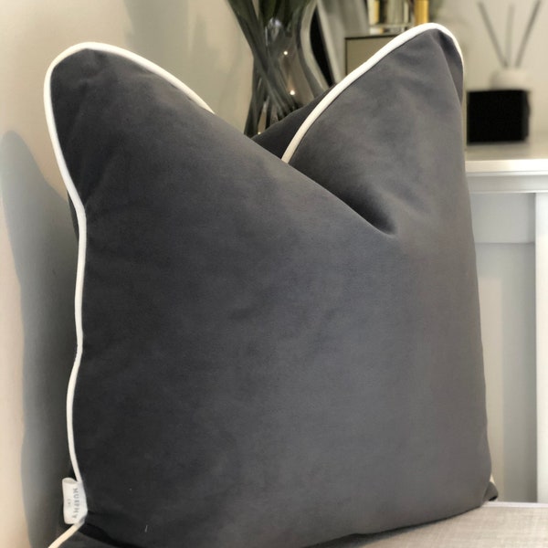Luxury Grey Velvet With White Piping High Quality Modern Handmade Cushion Cover