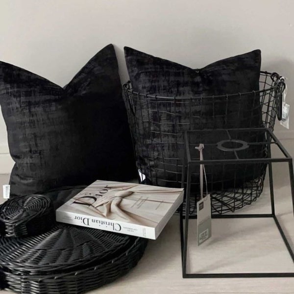 Luxury Black Velvet Cushion Cover, Textured Pillow