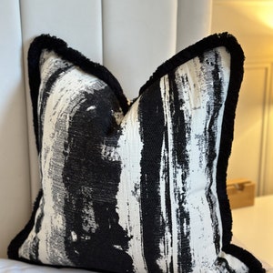 Handmade Abstract Black and White Cushion Cover with Fringe