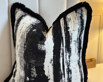 Luxury Black Cream White Abstract Monochrome High Quality Modern Handmade Cushion Cover With Black Fringe