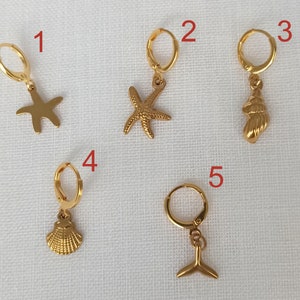 Gold Dangle Charm Earrings, Summer Hoop Earrings, Shell Earrings, Beach Earrings, Surfer Jewelry, Seashell Dainty Earrings, Gift for Her
