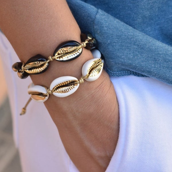 Shell Bracelets,Stack Summer Bracelets,Cowrie Shell Beach Bracelets,Real Natural Shell Jewelry,Adjustable Boho Bracelets,Gold Plated Shells
