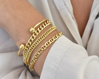 Chain Bracelets, Gold Link Bracelets, Sterling Silver Curb Bracelets, Gold Mariner Bracelet, Bangle Bracelet, 14K Gold Filled, Gift for Her