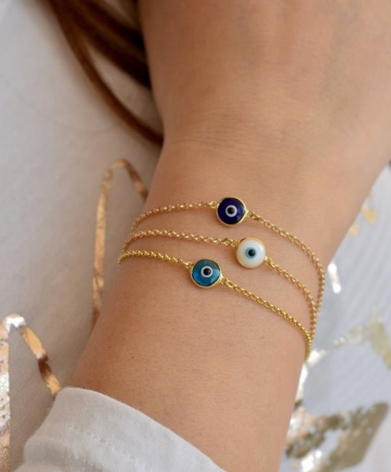 Alfred & Vincent 14k Yellow Gold Evil Eye Charm Bracelet - Turkish Nazar, Greek Kabbalah