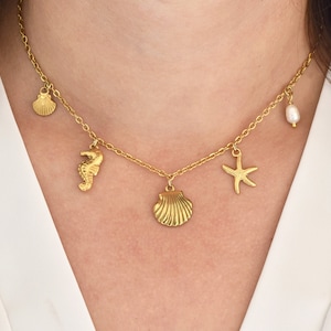 Seashell Charm Necklace, Gold Charm Summer Necklace, Beach Choker, Adjustable Waterproof Ocean Jewelry, Gift For Her, Friendship Gift