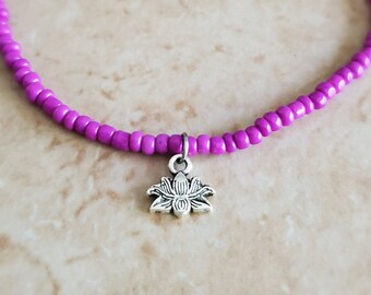 Stretch Anklet with Lotus & Om Charm, Seed Bead Anklet, Purple Ankle Bracelet, Pink Anklet, Yoga Anklet, Meditation Anklet