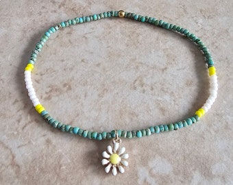 Stretch Anklet with Daisy Flower Charm, Picasso Seafoam, White, & Yellow Seed Bead Ankle Bracelet, Boho Summer Jewelry, Beaded Anklet