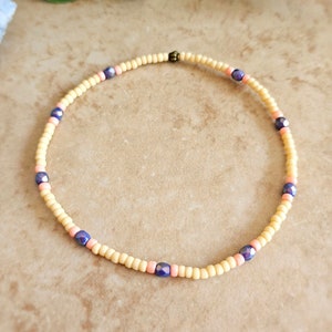 Stretch Anklet: Tan & Sapphire Seed Bead and Faceted Czech Glass Ankle Bracelet, Boho Jewelry, Beaded Strech Anklet, Beachy Anklet